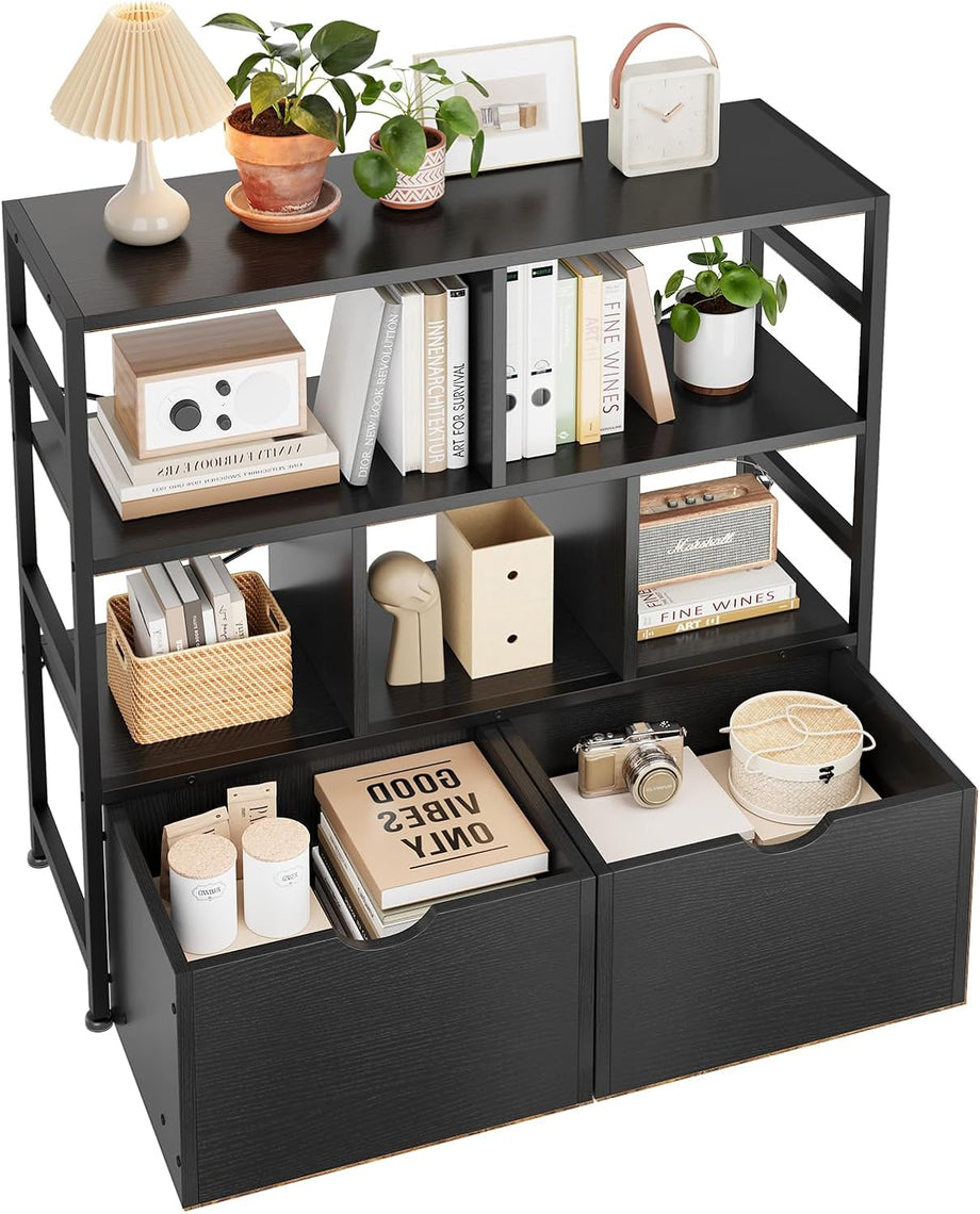 Dripex 4 Tier Wooden Rustic Brown Standing Shelves, 100D x 33W x 90H cm, 5 Compartments & 2 Drawers with Swivel Casters，Display Storage Shelf with Steel Frame, Low Bookcase for Living Room or Office