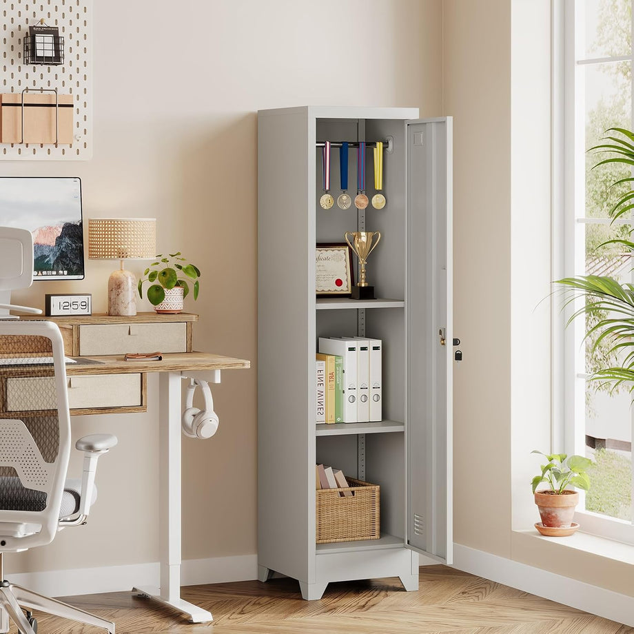 Dripex Metal Cabinet with Hanging Rail Lockable Steel Filing Cabinet Multi-purpose Storage Cabinet Steel Locker for School Home Office Garage 150 x 38 x 38 cm