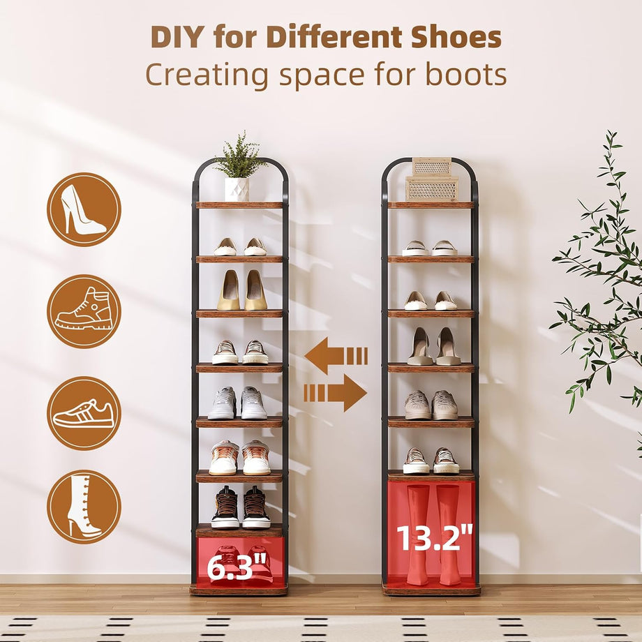 Dripex Adjustable Narrow Shoe Rack Organizer, Space Saving Vertical Tall Shoe Shelf, Sturdy Multifunctional Entryway Hallway Living Room Storage Shelf Rustic Brown