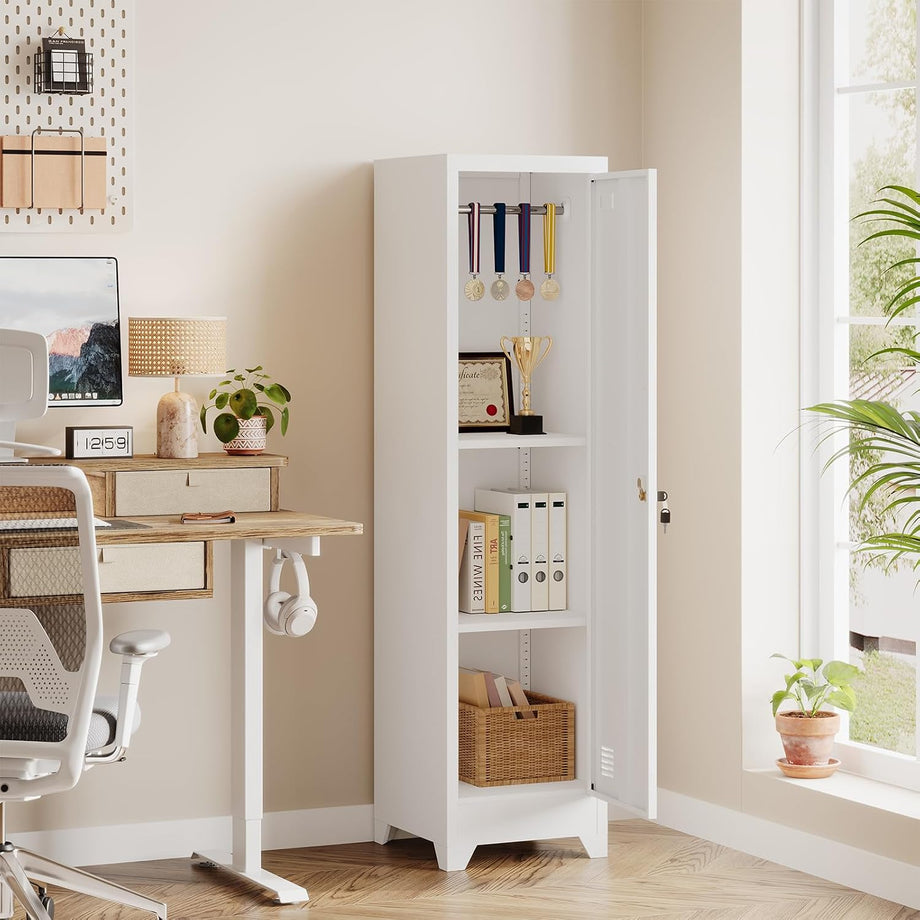 Dripex Metal Cabinet with Hanging Rail Lockable Steel Filing Cabinet Multi-purpose Storage Cabinet Steel Locker for School Home Office Garage 150 x 38 x 38 cm