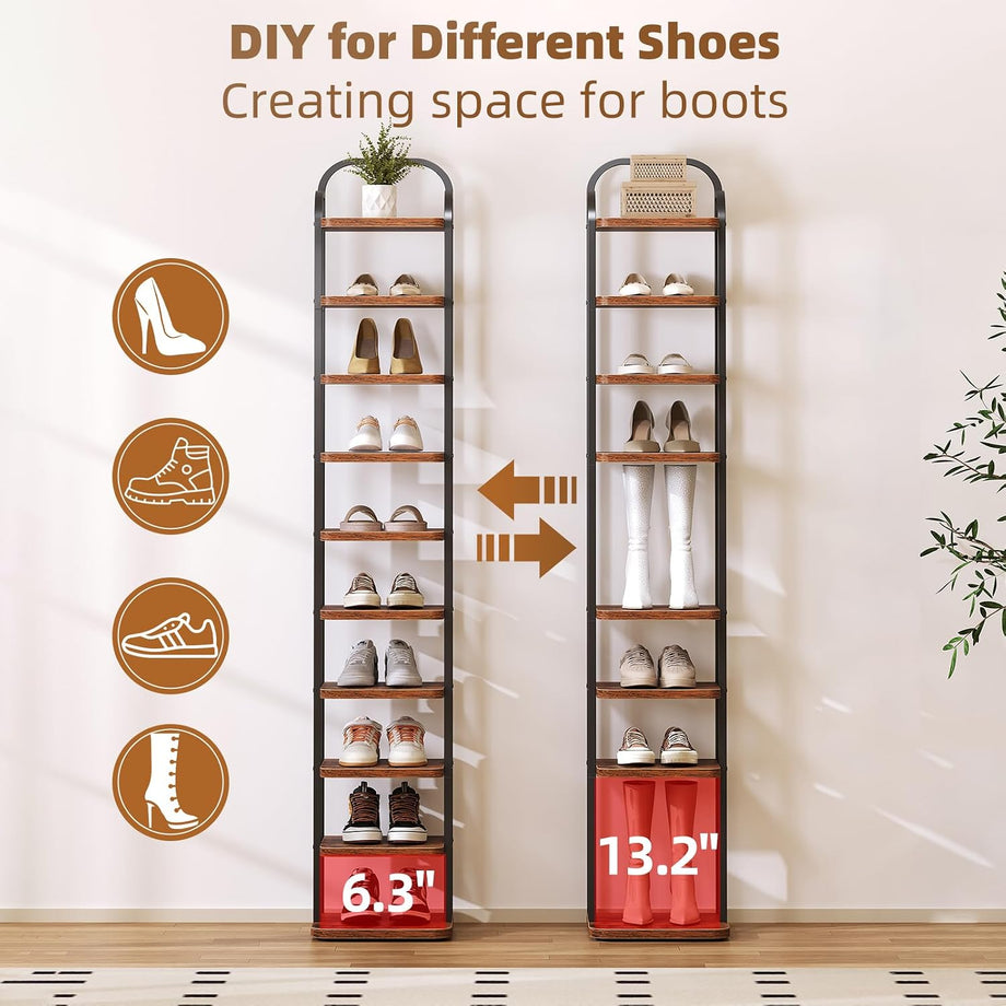 Dripex Adjustable Narrow Shoe Rack Organizer, Space Saving Vertical Tall Shoe Shelf, Sturdy Multifunctional Entryway Hallway Living Room Storage Shelf Rustic Brown