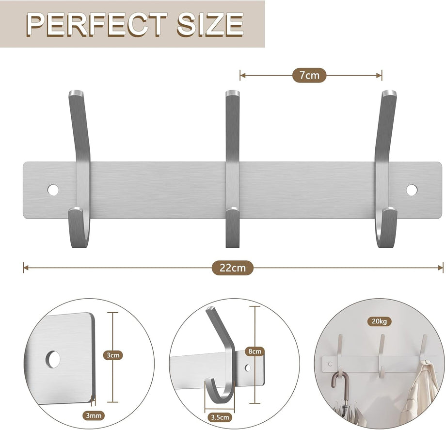 Dripex Coat Hook Rack Wall Mounted 304 Stainless Steel Hanger Heavy Duty Clothes Hat Holder (3/4 Hooks)