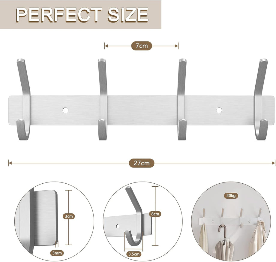 Dripex Coat Hook Rack Wall Mounted 304 Stainless Steel Hanger Heavy Duty Clothes Hat Holder (3/4 Hooks)