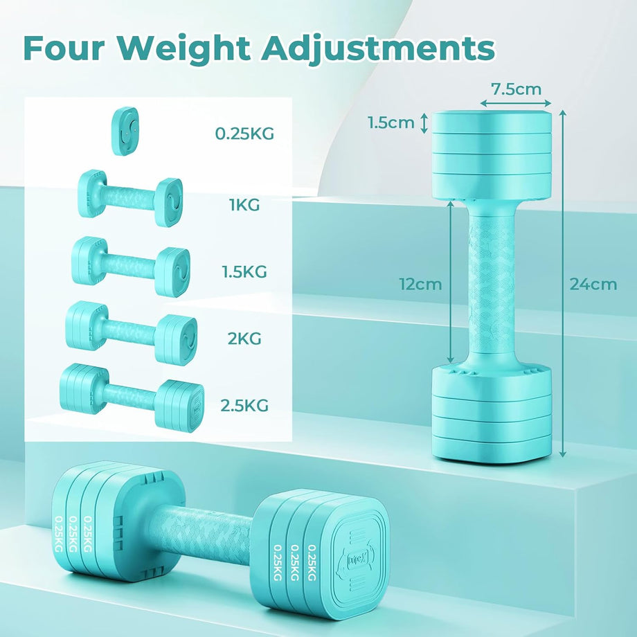 Dripex Adjustable Dumbbells Weight Set 2.5kg 5kg Dumbbell Pair 4-in-1 | Dumbbells Set Women Men, Sold as a Pair, Non-Slip Handle, Home Gym Fitness, Pink Blue Green Purple Yellow Black