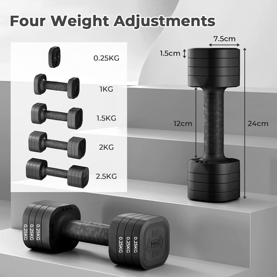 Dripex Adjustable Dumbbells Weight Set 2.5kg 5kg Dumbbell Pair 4-in-1 | Dumbbells Set Women Men, Sold as a Pair, Non-Slip Handle, Home Gym Fitness, Pink Blue Green Purple Yellow Black