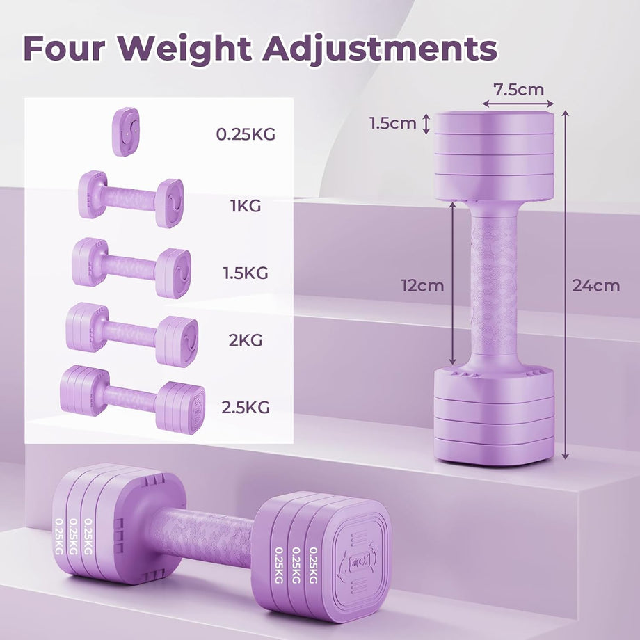 Dripex Adjustable Dumbbells Weight Set 2.5kg 5kg Dumbbell Pair 4-in-1 | Dumbbells Set Women Men, Sold as a Pair, Non-Slip Handle, Home Gym Fitness, Pink Blue Green Purple Yellow Black