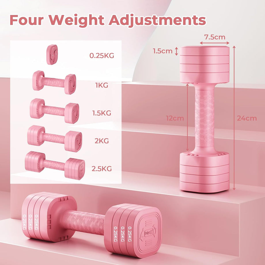 Dripex Adjustable Dumbbells Weight Set 2.5kg 5kg Dumbbell Pair 4-in-1 | Dumbbells Set Women Men, Sold as a Pair, Non-Slip Handle, Home Gym Fitness, Pink Blue Green Purple Yellow Black