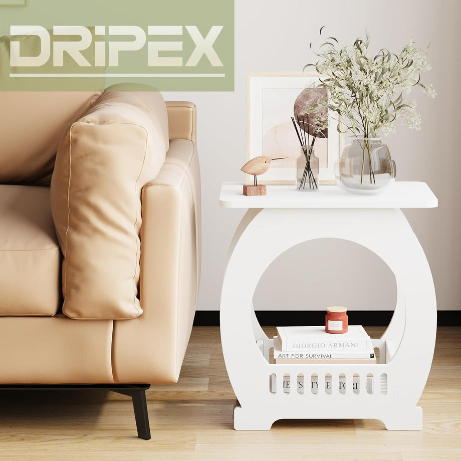 Dripex 3-Tier Side End Table with Storage Shelf Basket, White Small Bedside Table, Slim Narrow Nightstand Small Spaces for Living Room, Bedroom, Bathroom, Balcony