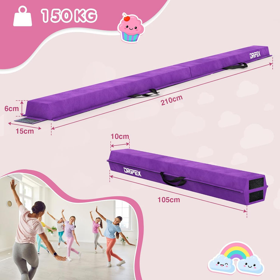 Dripex Kids Balance Beam - 210/240cm Portable Folding Balance Beam with Carry Handles, High Density EVA Faux Suede Gymnastics Beam for Home Gym Exercise