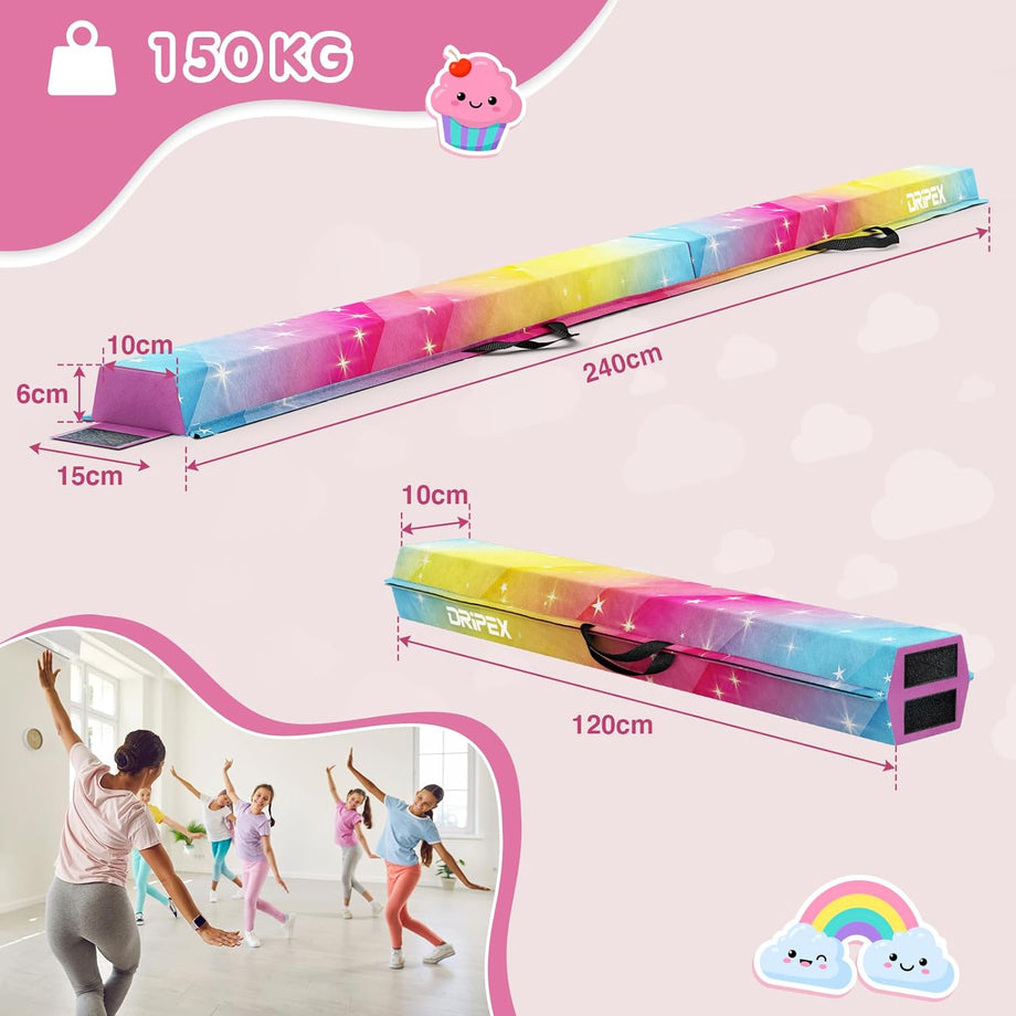 Dripex Kids Balance Beam - 210/240cm Portable Folding Balance Beam with Carry Handles, High Density EVA Faux Suede Gymnastics Beam for Home Gym Exercise