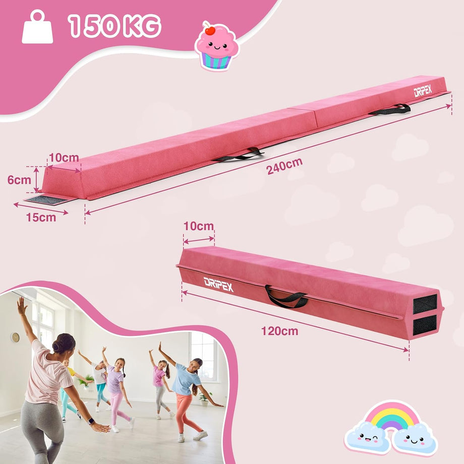 Dripex Kids Balance Beam - 210/240cm Portable Folding Balance Beam with Carry Handles, High Density EVA Faux Suede Gymnastics Beam for Home Gym Exercise