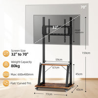 Dripex Mobile TV Stand on Wheels for 32-70 Inch TVs, Adjustable Height TV Cart with Bracket Mount max VESA 600x500mm max 80kgs with 2 Tier Storage Shelves for Bedroom, Living Room, Home Gym