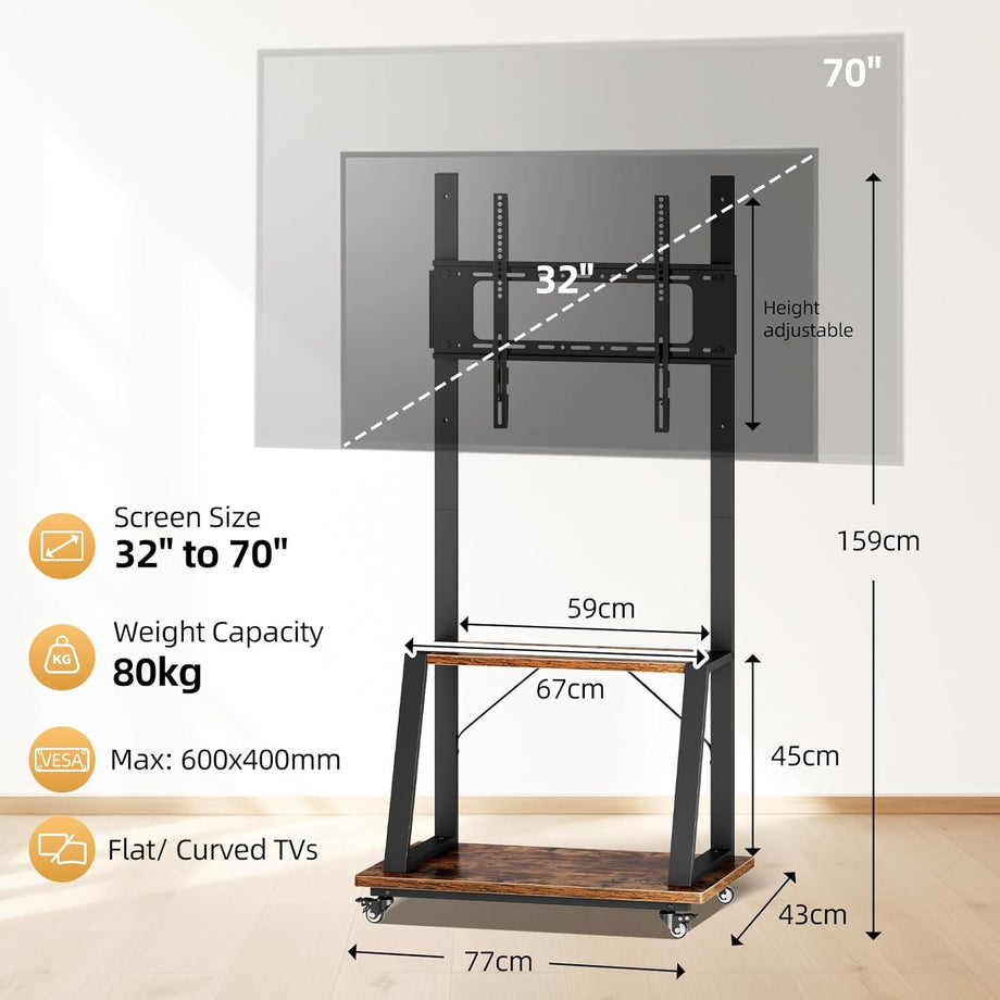 Dripex Mobile TV Stand on Wheels for 32-70 Inch TVs, Adjustable Height TV Cart with Bracket Mount max VESA 600x500mm max 80kgs with 2 Tier Storage Shelves for Bedroom, Living Room, Home Gym
