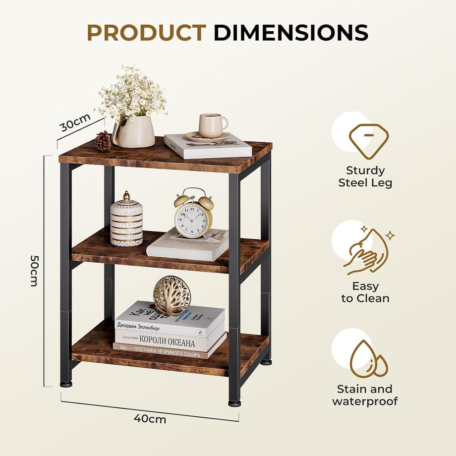 Dripex Living Room End Table, 3-Tier Wooden Narrow Nightstand, Bedside Table with Steel Frame, Slim Coffee Table Small Spaces, Storage Sofa Side Table for Bedroom or Office
