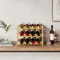 Dripex Bamboo Wine Rack, 12 Bottles Wine Holder Storage Shelf, 3-Tier Small Freestanding Bottle Wine Rack for Countertop, Kitchen, Bar, Cellar (40D x 22W x 32H cm)