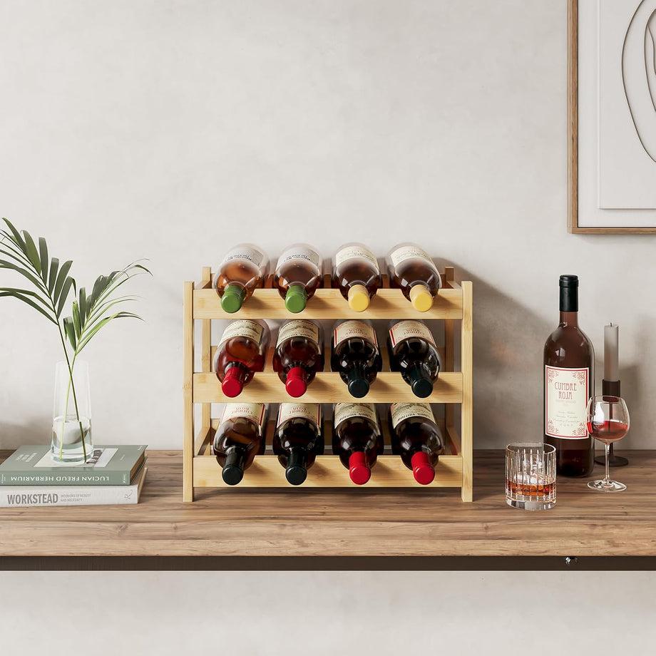 Dripex Bamboo Wine Rack, 12 Bottles Wine Holder Storage Shelf, 3-Tier Small Freestanding Bottle Wine Rack for Countertop, Kitchen, Bar, Cellar (40D x 22W x 32H cm)