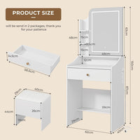 Dripex Dressing Table Set with LED Lighting Mirror, With/Without Power Outlet, 3 Light Colors, Adjustable Brightness, Vanity Table with Stool, Wooden Drawer, Storage Shelves, Compact White Makeup Desk