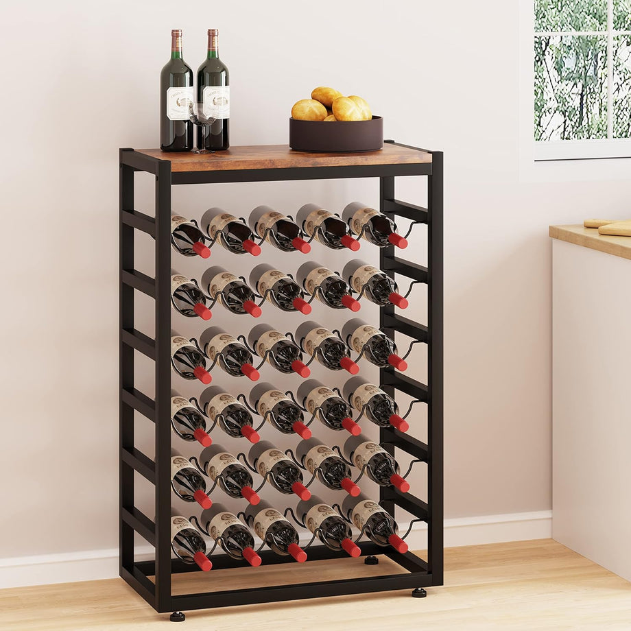 Dripex 30 Bottles Wine Rack Free Standing Floor, 6-Tier Display Wine Storage Shelves with Wooden Table Top, Sturdy Metal Bottle Holder for Kitchen Bar Pantry (L59 x W30 x H88cm)