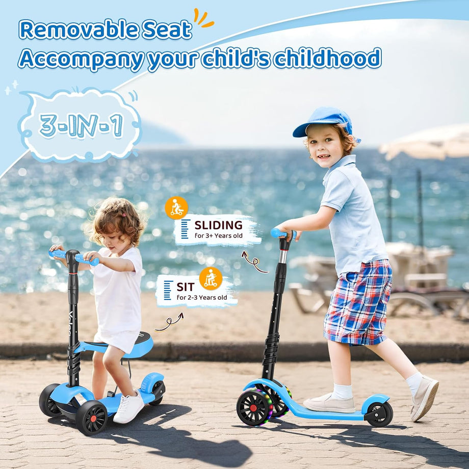 YOLEO Kids Three Wheel Kick Scooter with Removable Seat, LED Flashing Wheels, Height Adjustable Scooter