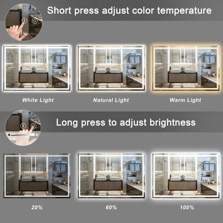 Dripex 3 Colors Bathroom Mirror with LED Lights, Illuminated Backlit Wall Mounted Vanity Mirror Dimmable Switch Demister Pad, Horizontal/Vertical [Energy Class E]