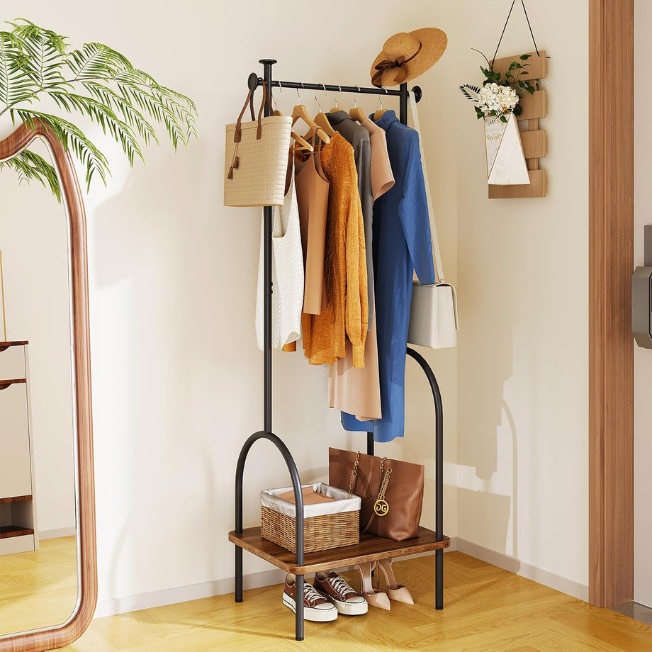 Dripex Clothes Rail, Hall Tree, Freestanding Coat Rack with Wooden Storage Shelf, 4 Hooks, Compact Clothes Organiser Garment Stand for Home Hallway Bedroom W51 x D39 x H157cm