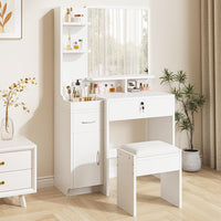 Dripex Dressing Table with Large Mirror, Bedroom Makeup Vanity Desk with Soft Stool, Vanity Desk Set with 2 Drawer, 1 Cabinets, 6 Open Storage Compartments, for Bedroom, White