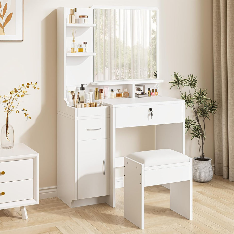 Dripex Dressing Table with Large Mirror, Bedroom Makeup Vanity Desk with Soft Stool, Vanity Desk Set with 2 Drawer, 1 Cabinets, 6 Open Storage Compartments, for Bedroom, White