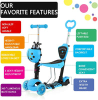 Dripex 5-in-1 Kids Scooter Toddler Scooter with Flashing Led Light Up
