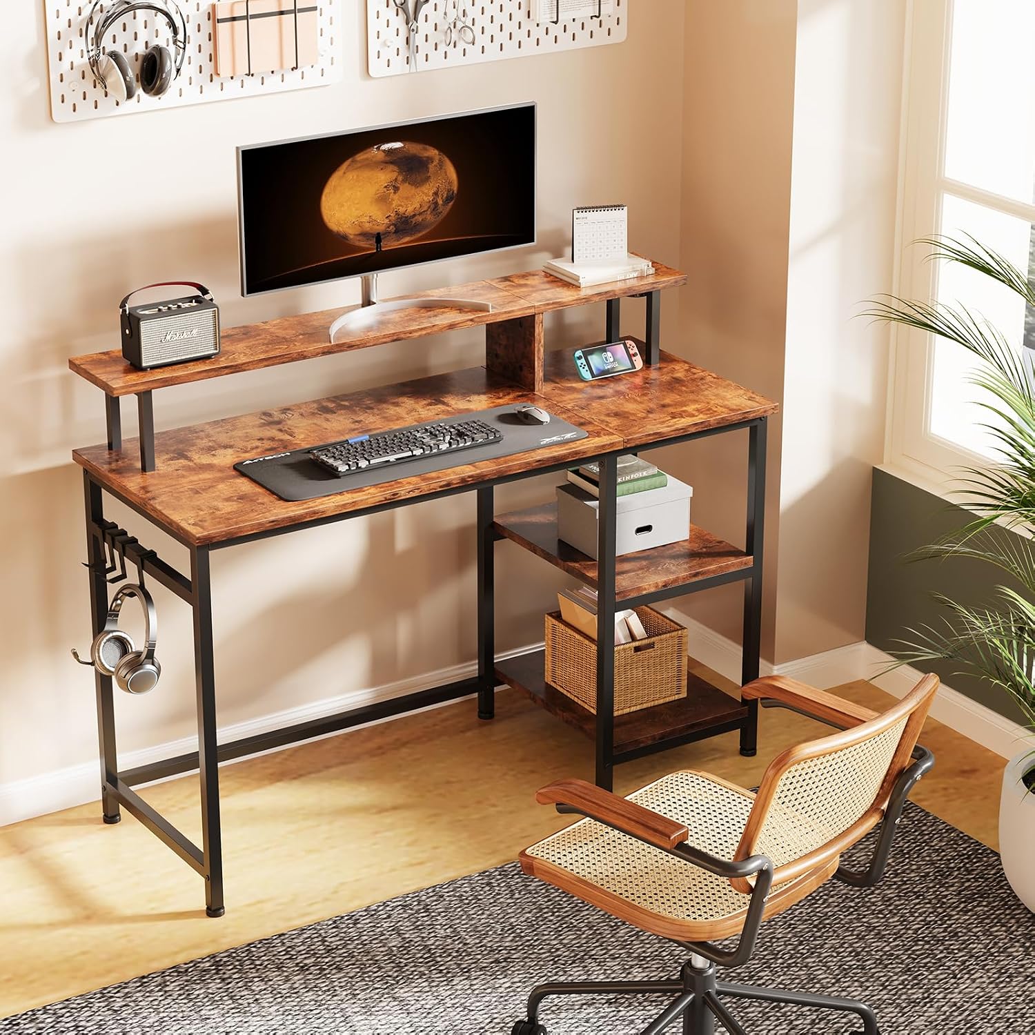 107.5 x 48 x 95cm Computer Desk Home Office Desk Monitor Stand &amp Storage Shelves Rustic Work Writing Desk Gaming Table Small Spaces