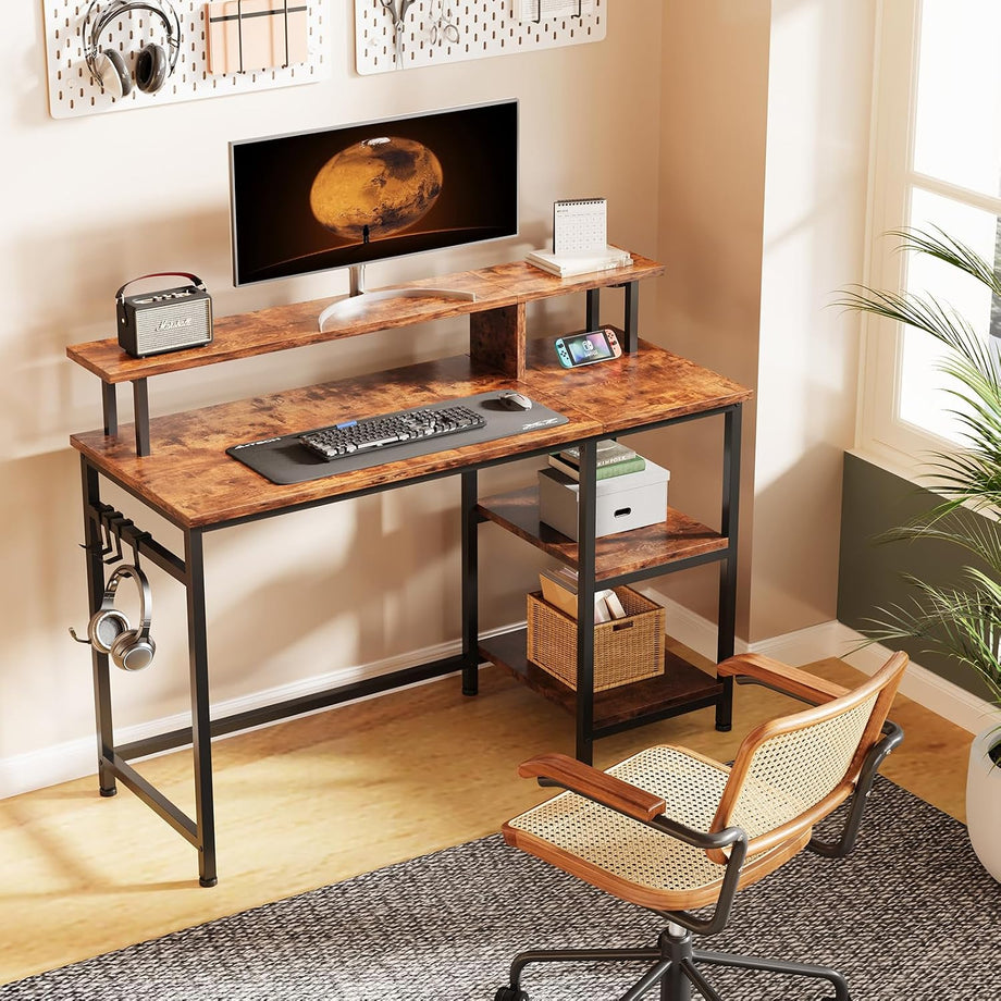 Dripex 107.5 x 48 x 95cm Computer Desk Home Office Desk with Monitor Stand & Storage Shelves Rustic Brown Work Writing Desk Gaming Table for Small Spaces