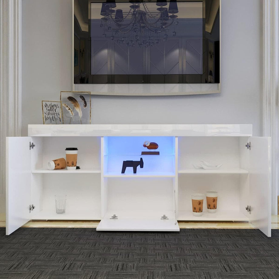 Dripex 135cm LED TV Cabinet Modern Tall TV Stand with Ambient lights Entertainment Unit Cupboard with Storage Furniture for Living Room for 22”-55” TV Entire Front High Gloss White, Home Office