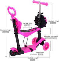 Dripex 5-in-1 Kids Scooter Toddler Scooter with Flashing Led Light Up Wheels 3 Wheels Kick Scooter with Adjustable Handlebar Removable Seat and Push Handle