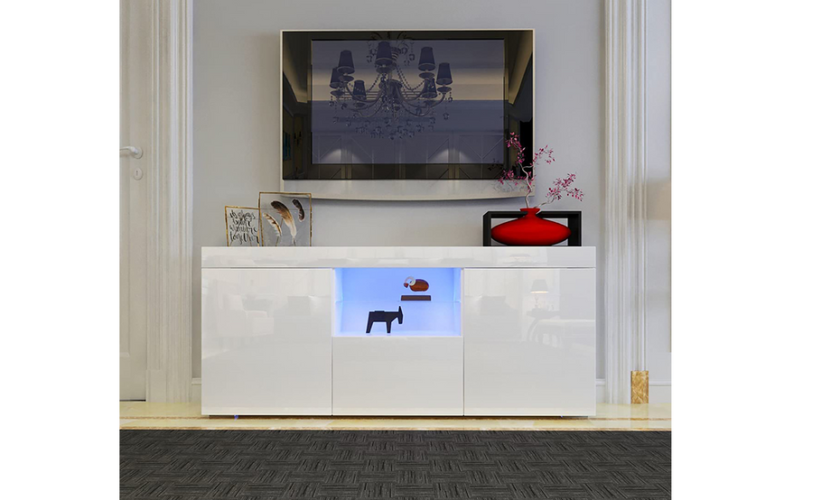 Dripex 135cm LED TV Cabinet, Modern High Gloss TV Stand with Ambient Lights & Storage, Entertainment Unit for 22''-55'' TVs, White