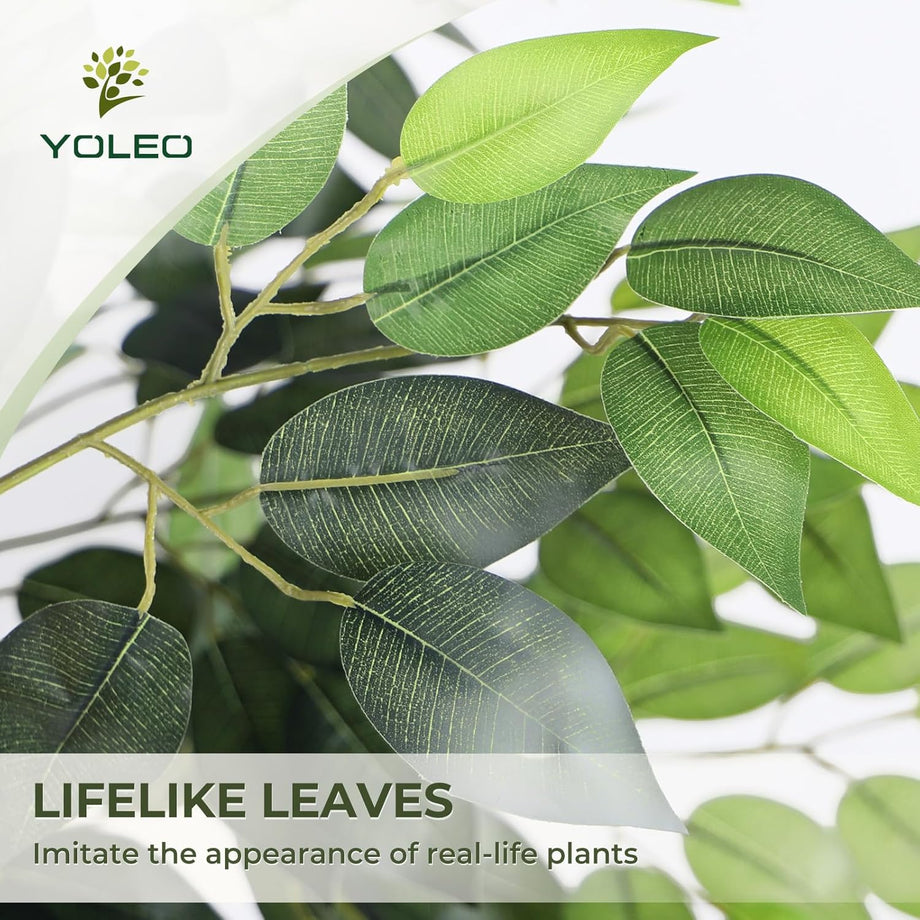 YOLEO 5FT/6FT Artificial Ficus Tree with White Tall Planter, Lifelike Fake Silk Tree Indoor, Faux Ficus Tall Plant for Living Room Bedroom Balcony Corner Office Decor