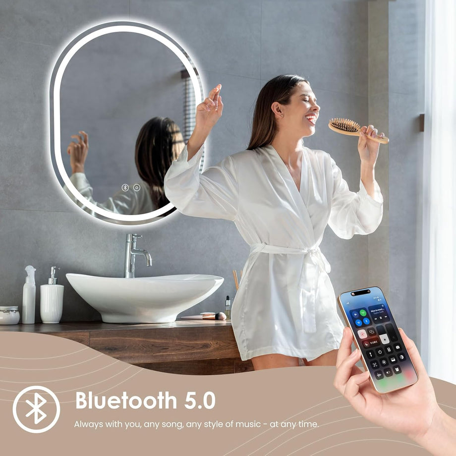 Dripex Bluetooth Oval Bathroom LED Mirror, Illuminated Backlit Wall Mounted Mirror with Demister, Anti-fog, 3 Lighting Modes, Dimming Light, IP44