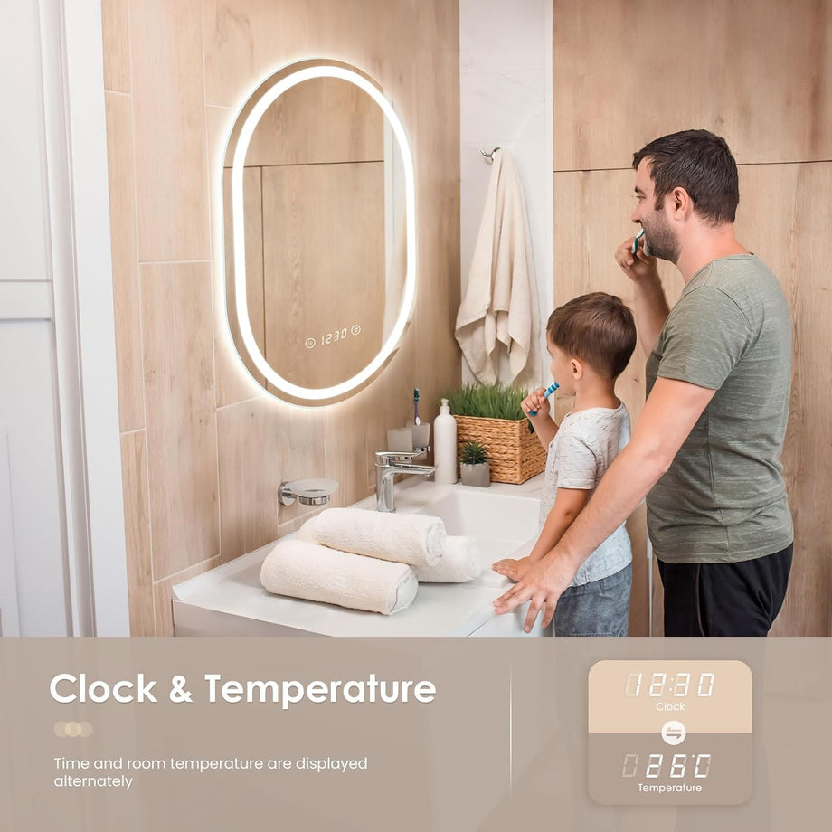 Dripex Clock Display Oval Bathroom LED Mirror, LED Mirror Bathroom with Light, Illuminated Backlit Wall Mounted Mirror with Demister, Anti-fog, 3 Lighting Modes, Dimming Light, IP44