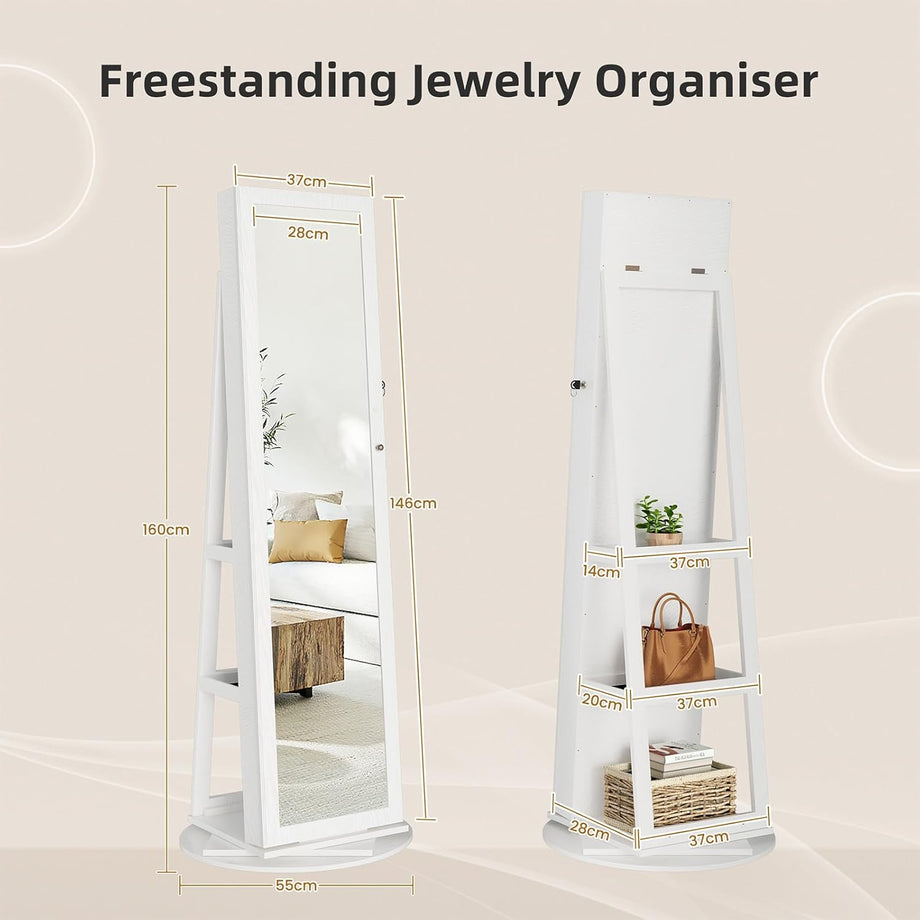 Dripex Jewelry Organiser Mirror Wardrobe, 360° Swivel Jewelry Storage, Lockable, 3 in 1 Free Standing Mirror with Storage Shelves