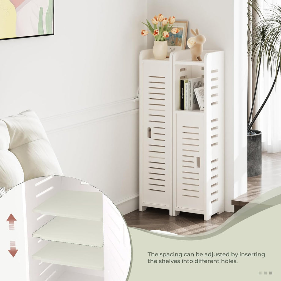 Dripex 4 Tier Bathroom Floor Cabinet, 18W x 20D x 80H cm, Slim White Storage Cabinet with Door, Narrow Free Standing Cupboards Adjustable Shelves for Bathroom or Bedroom