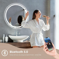 Dripex Bluetooth Round LED Bathroom Mirror, Illuminated Circle Bathroom LED Mirror with Speaker, Anti-fog, Wall Mounted, 3 Lighting Modes, Dimmable, Front+Backlit, IP44