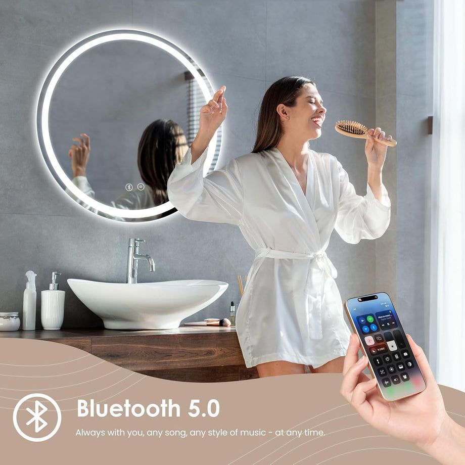 Dripex Bluetooth Round LED Bathroom Mirror, Illuminated Circle Bathroom LED Mirror with Speaker, Anti-fog, Wall Mounted, 3 Lighting Modes, Dimmable, Front+Backlit, IP44