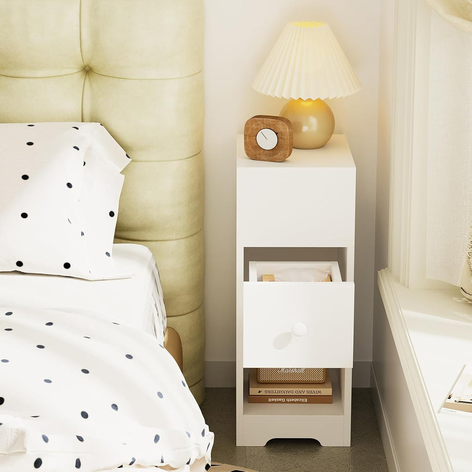 Dripex Slim Bedside Table, Bedside Cabinet with Drawer, Wooden End Table | 25D x 30W x 65H cm, 4 Tier, Nightstand, Sofa Side Table, Bedroom Side Table, Storage Drawer, Space Saving