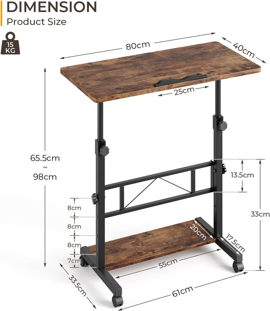 Dripex Height Adjustable Standing Desk, Tiltable Top, Mobile Stand Up Desk with Wheels, 80x40cm Small Rolling Table for Office, Walking Pad, Treadmill
