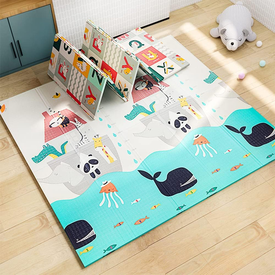 Dripex 197 × 177cm Baby Play Mat, Large Foam Crawling Playmat, Foldable Reversible Waterproof Non Toxic Portable Floor Mat with Letters and Numbers for Baby