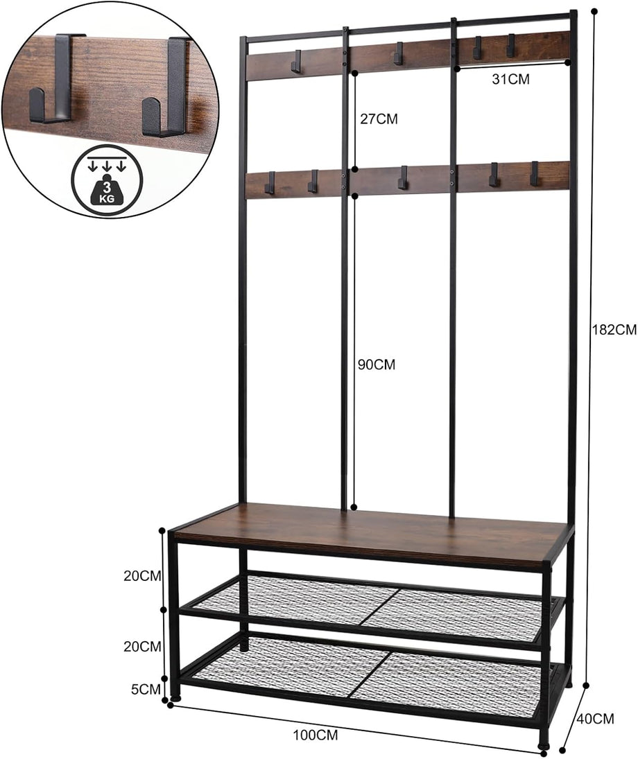 Dripex Large Coat Rack Stand Industrial Coat Stand with 12 Hooks and Shoe Bench Clothes Hat Rack Shelf Metal Frame for Bedroom Living Room Hallway