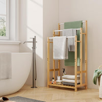 Dripex Freestanding Towel Rack, Towel Shawls Holder with Bamboo Storage Shelf, Stainless Steels Rods, Bamboo Frame, Lightweight, for Home, Bathroom (L46xW24xH66/76/86cm)/(L46xW24xH76/86/96cm)
