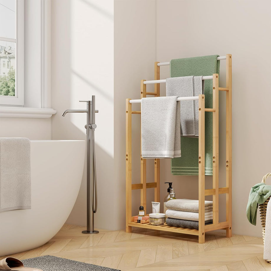 Dripex Freestanding Towel Rack, Towel Shawls Holder with Bamboo Storage Shelf, Stainless Steels Rods, Bamboo Frame, Lightweight, for Home, Bathroom (L46xW24xH66/76/86cm)/(L46xW24xH76/86/96cm)