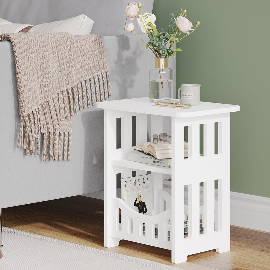 Dripex 3-Tier Side End Table with Storage Shelf Basket, White Small Bedside Table, Slim Narrow Nightstand Small Spaces for Living Room, Bedroom, Bathroom, Balcony