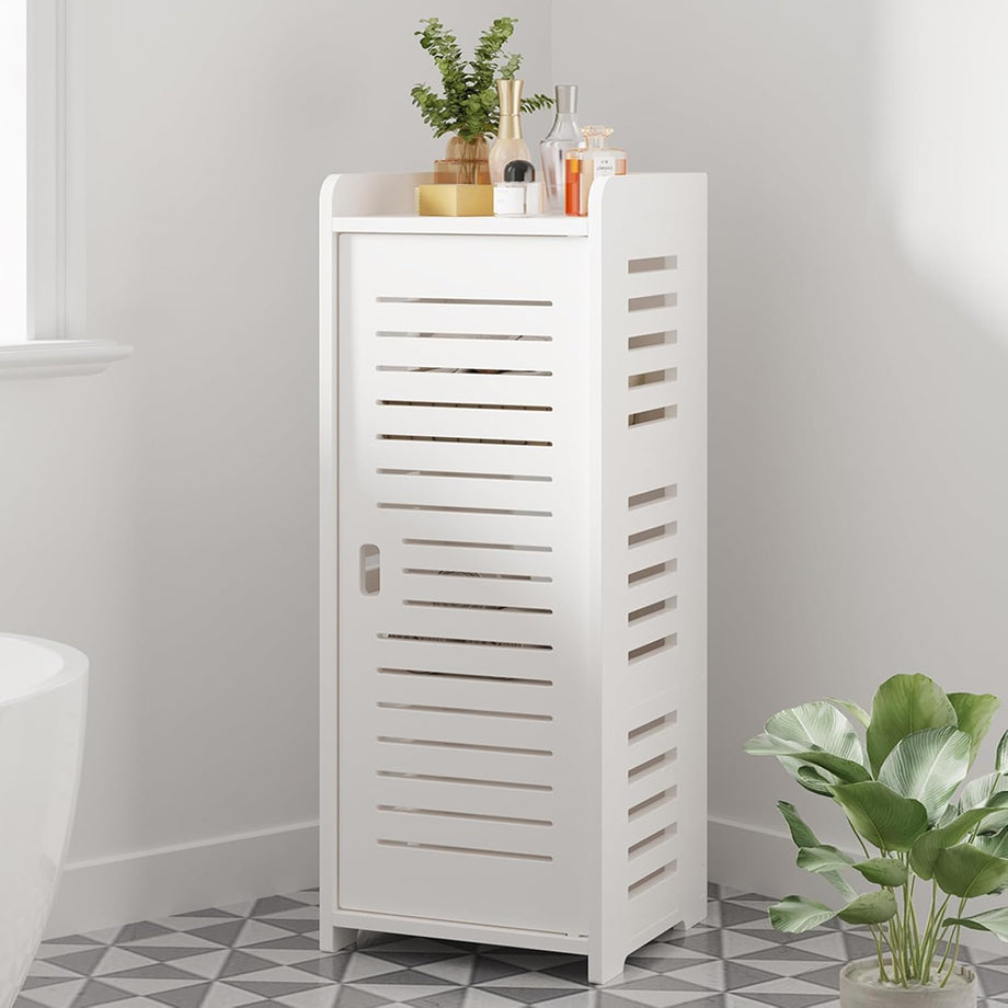 Dripex 4 Tier Bathroom Floor Cabinet, 30W x 30D x 80H cm, White Storage Cabinet with Door, Narrow Free Standing Cupboards Adjustable Shelves for Bathroom or Bedroom