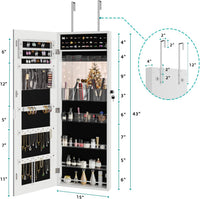 Dripex White Jewelry Organiser Mirror Wardrobe, Wall Mounted & Door Hanging Mirror, Lockable Jewelry Wardrobe with Large Storage