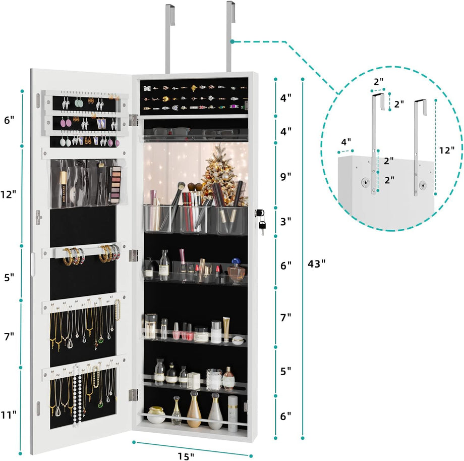 Dripex White Jewelry Organiser Mirror Wardrobe, Wall Mounted & Door Hanging Mirror, Lockable Jewelry Wardrobe with Large Storage